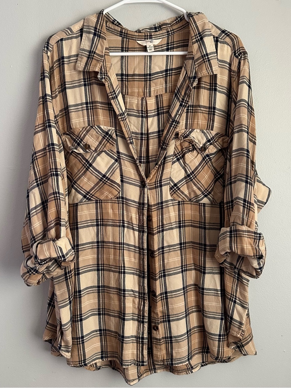 Women's 3x Plaid Button Down Long Sleeve Shirt brown 3xl Terra and Sky fall